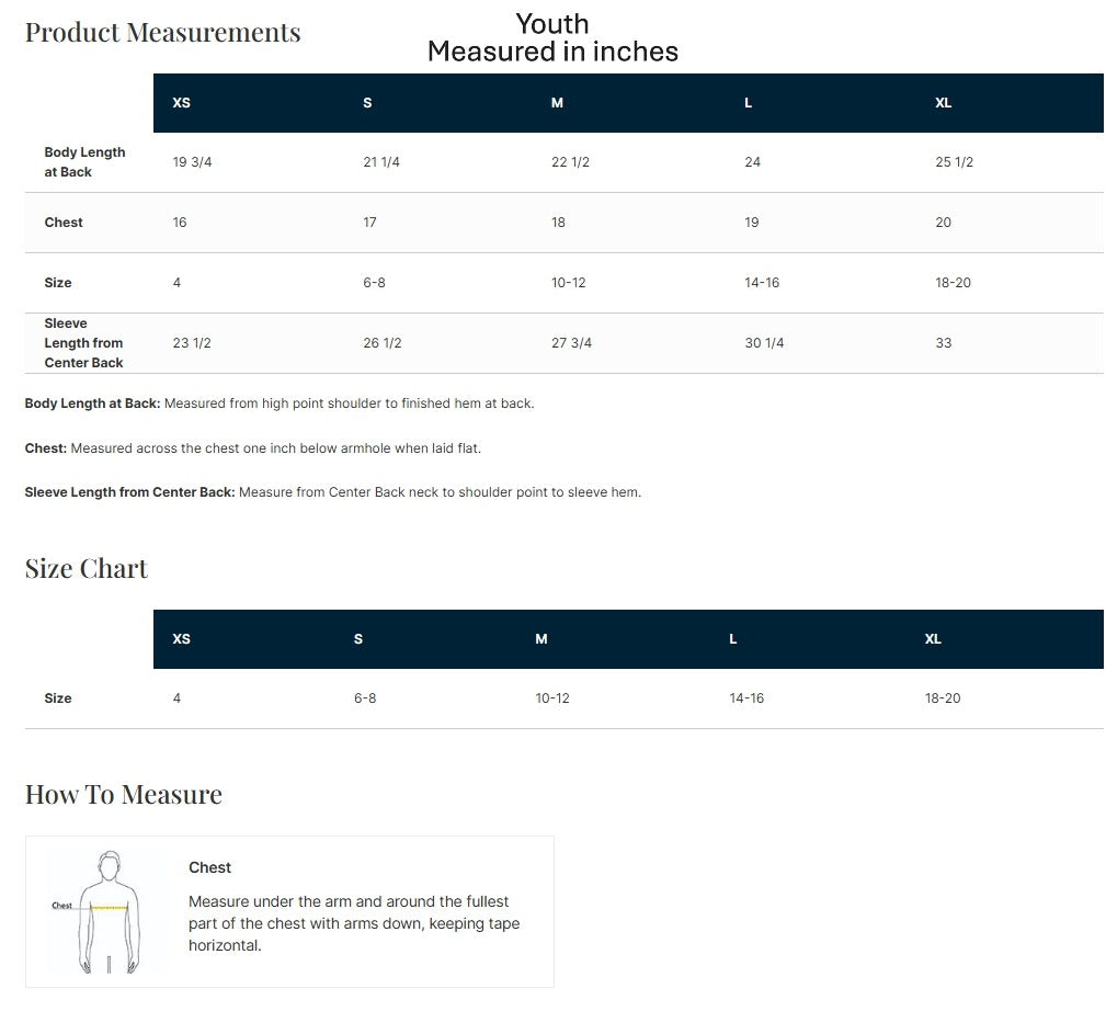 Size chart for youth clothing measured in inches on a white background