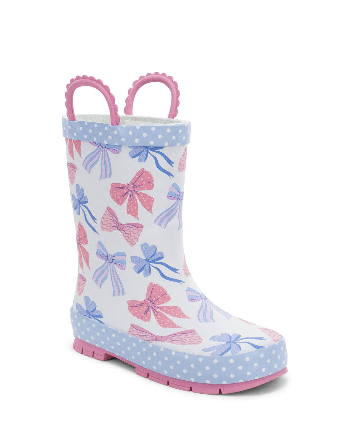Children's rain boot with bow pattern on a white background, front diagonal