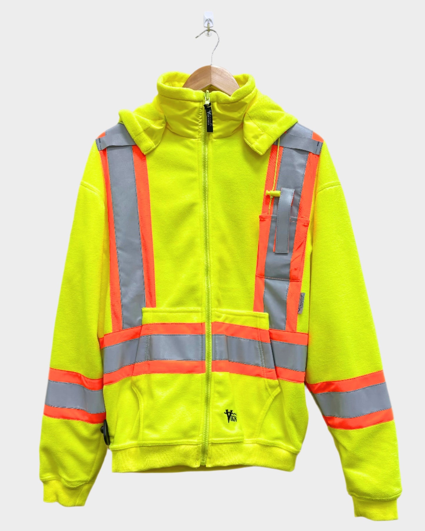 A yellow safety fleece hoodie with reflective stripes, a full zip front, and a hood, displayed on a white hanger.