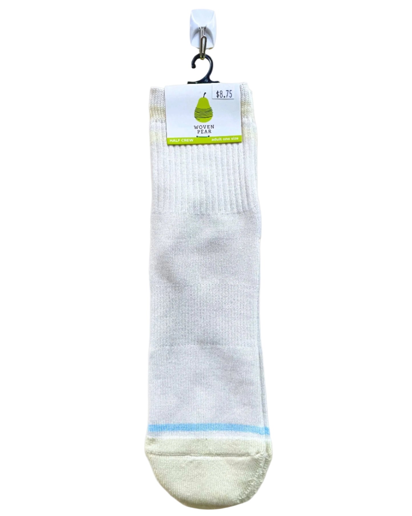 A pair of white crew socks with yellow toe