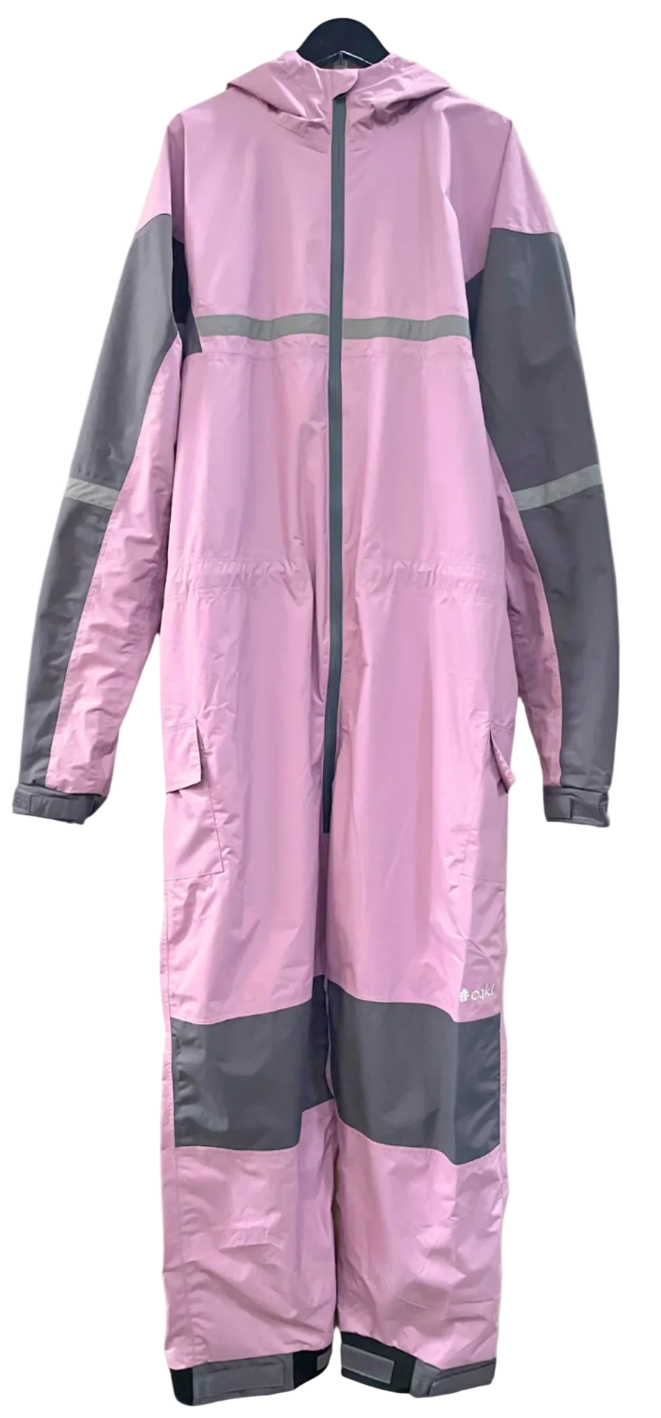 Adult size rain suit in pink, grey on arms and knees. Zipper goes past the waist. Reflective strip across chest. One pocket on each side, adjustable cuffs and waist and hood.