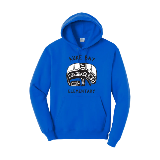 Adult blue pullover hoodie with full chest print