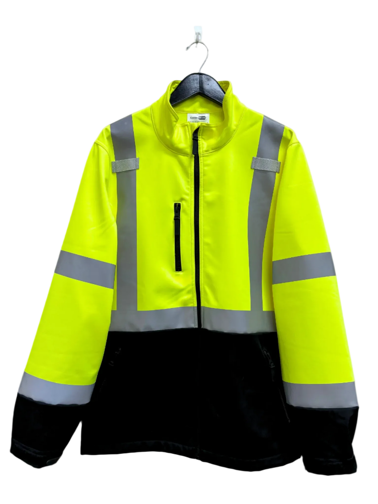 Mens softshell in high visibility green and black with reflective strips
