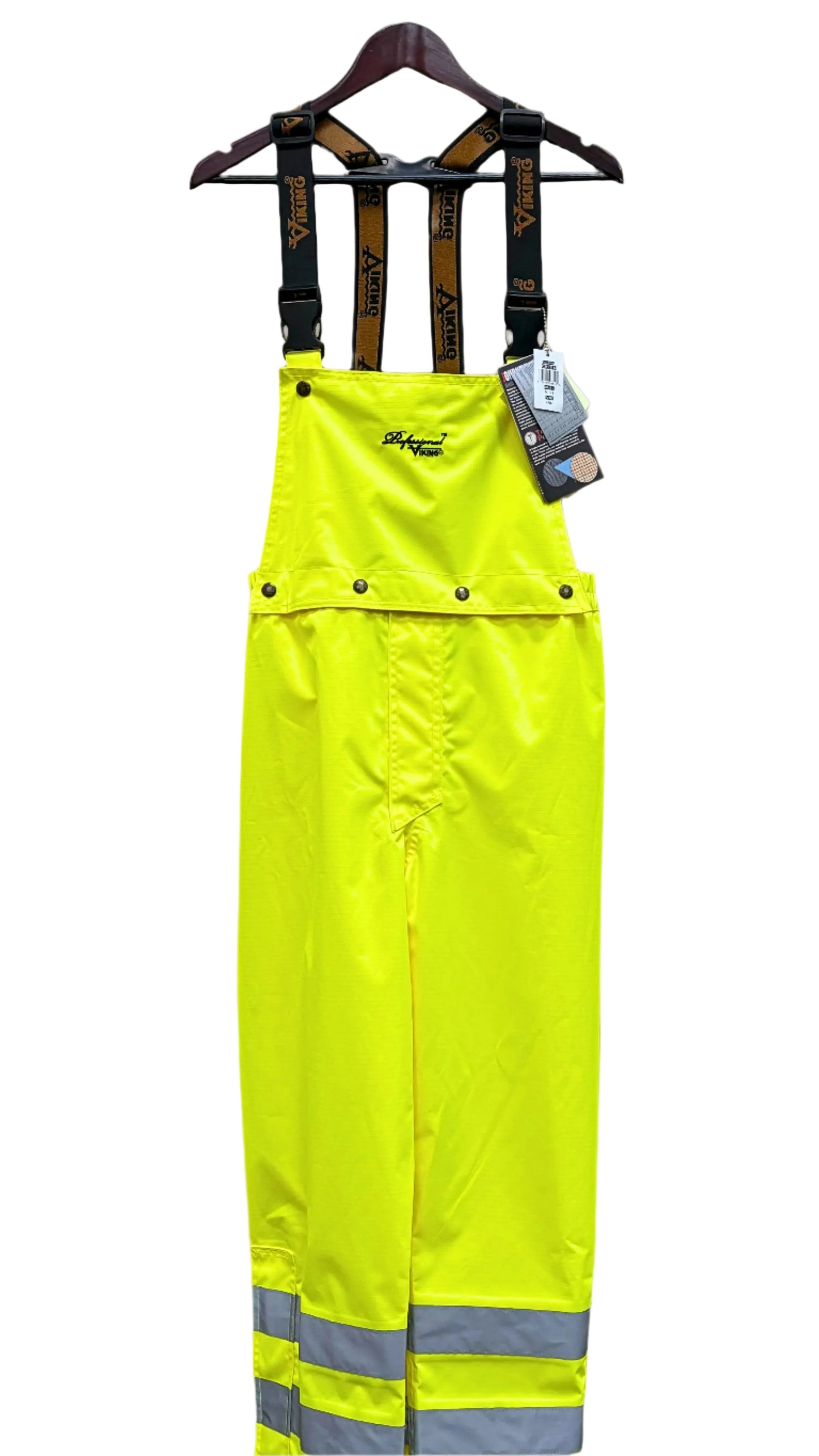 A pair of yellow V Bib Pants with reflective stripes and adjustable suspenders, displayed on a hanger.