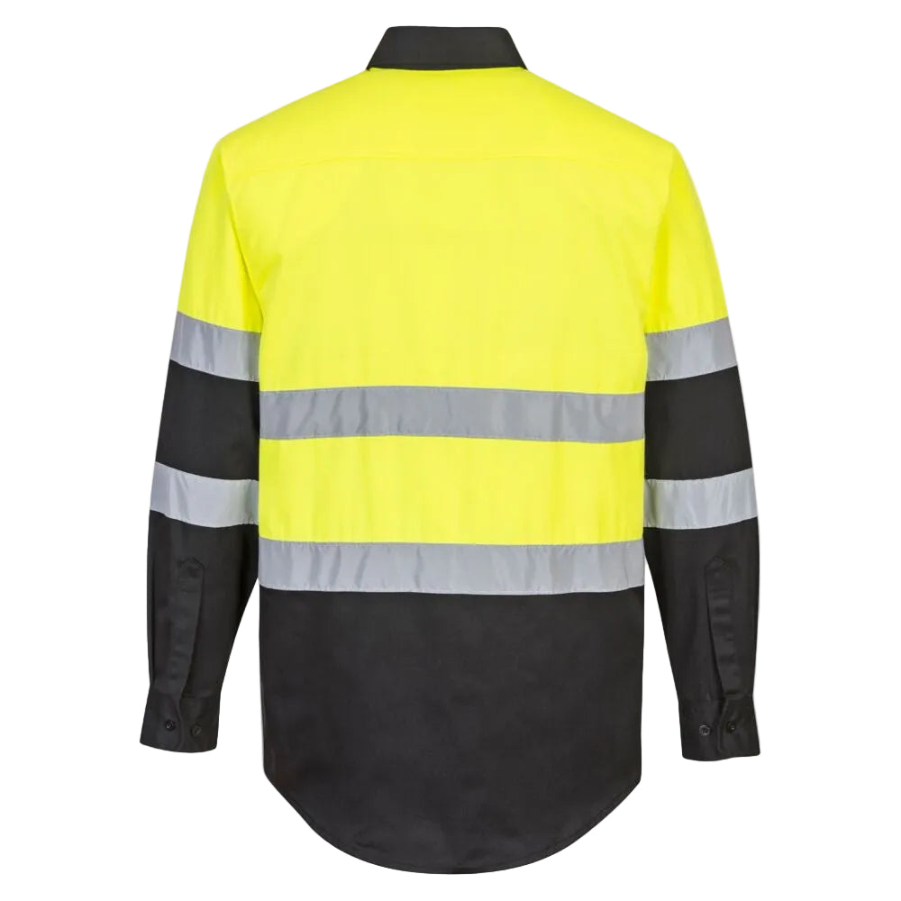 A long sleeve collared shirt with high visibility yellow on top half, and black on bottom. Two horizontal stripes across midline. Back image.