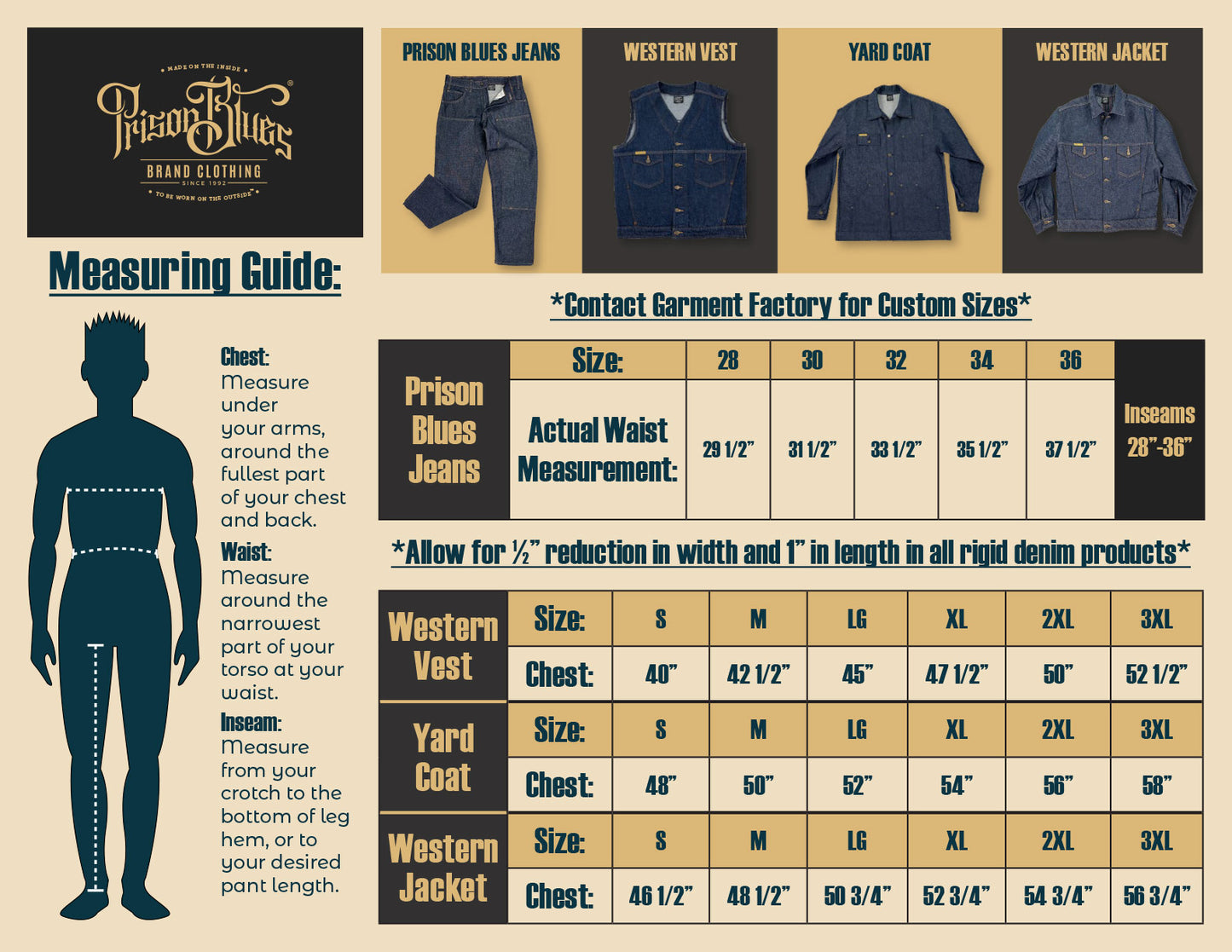 Denim wear size chart for prison blues