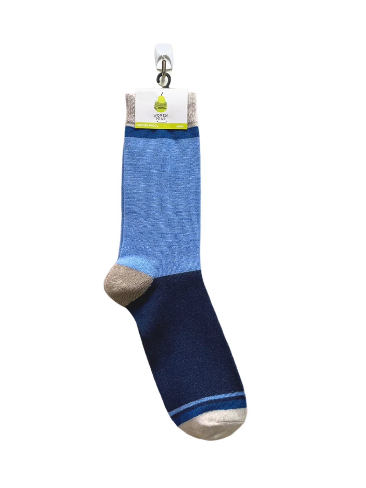 A pair of adult crew length socks with a striped pattern in green and gray, hanging on a wooden hanger.