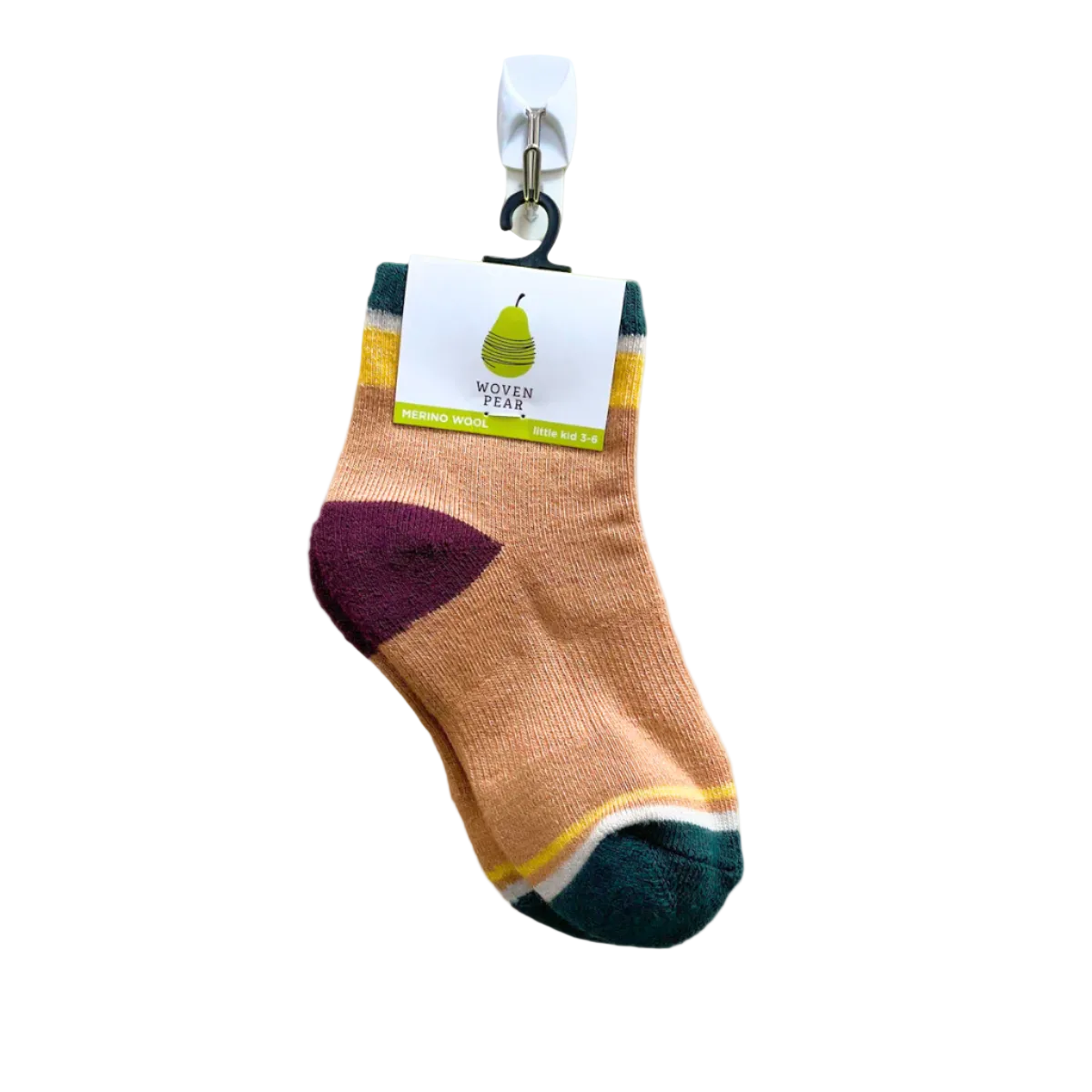 A pair of tan socks with dark green toe box