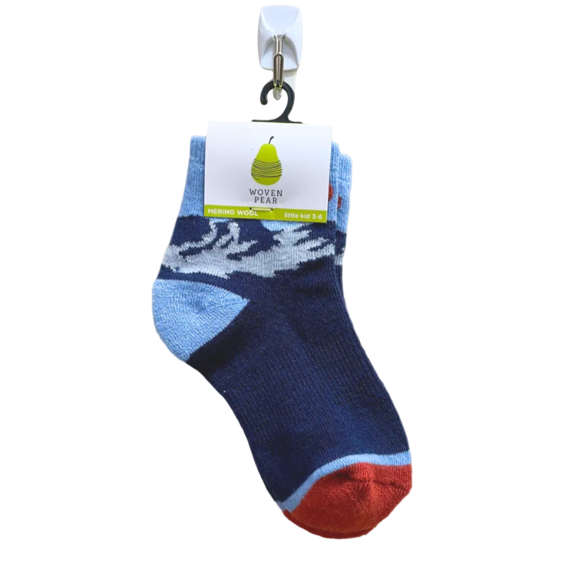 A pair of navy socks with rust colored toe box and mountain detail at ankle