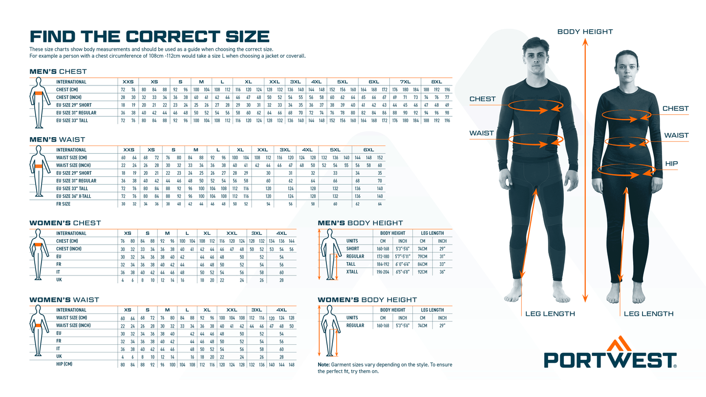 size guide to portwest hoodies