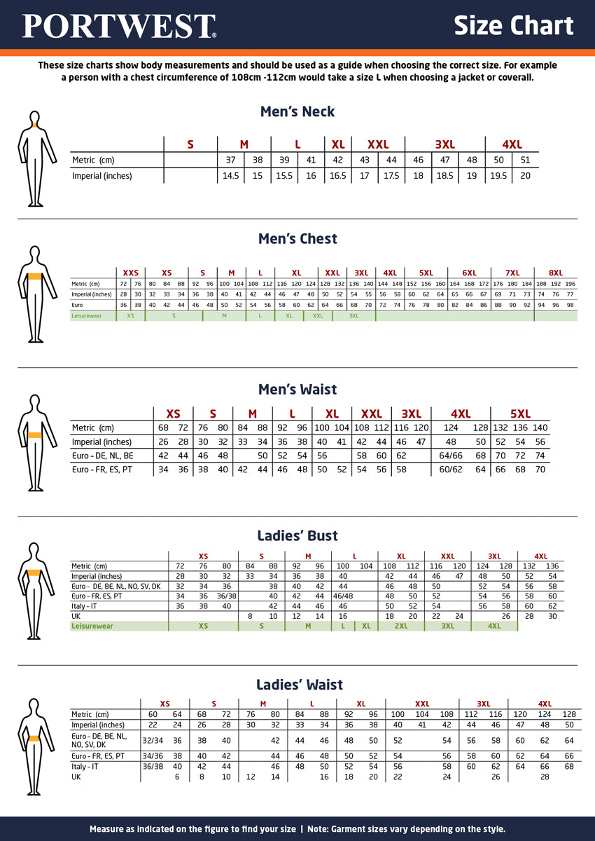 A guide to sizing for Portwest vest items