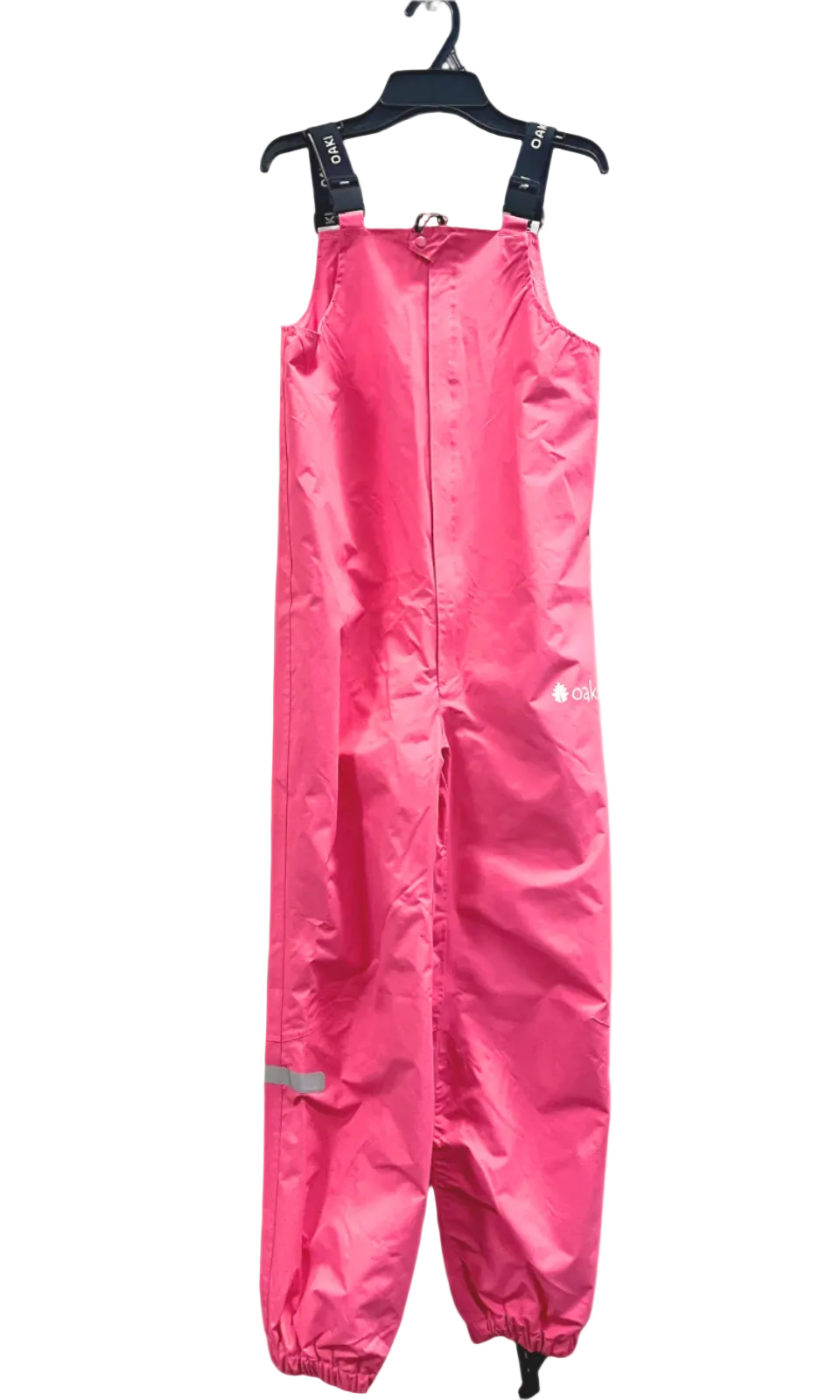 A pair of pink rain bibs with boot straps and zip down middle