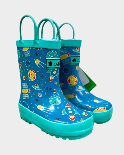Kids rubber rain boots with outerspace pattern rubber and oaki logo. Black tread and loop handles.