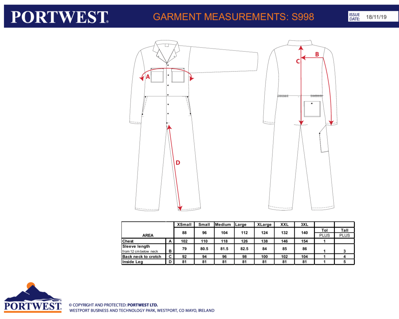 size chart for cotton coveralls