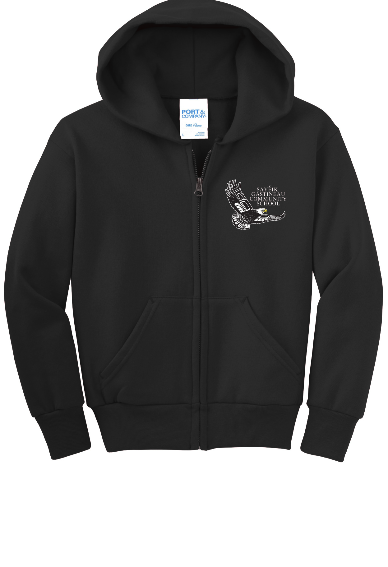 A black youth full zip hoodie with a full left chest print 'Sayeik Gastineau Community School'