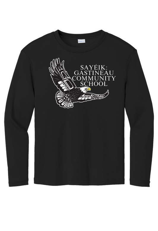 A black adult long sleeve t shirt with a full chest print 'Sayeik Gastineau Community School'