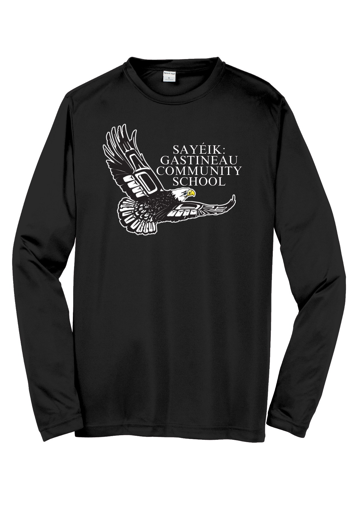 A black youth long sleeve t shirt with a full chest print 'Sayeik Gastineau Community School'