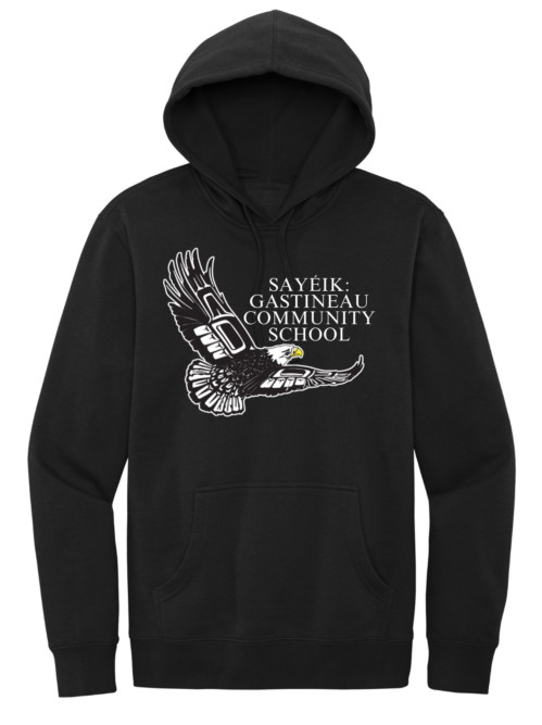 A black adult pullover hoodie with a full chest print 'Sayeik Gastineau Community School'