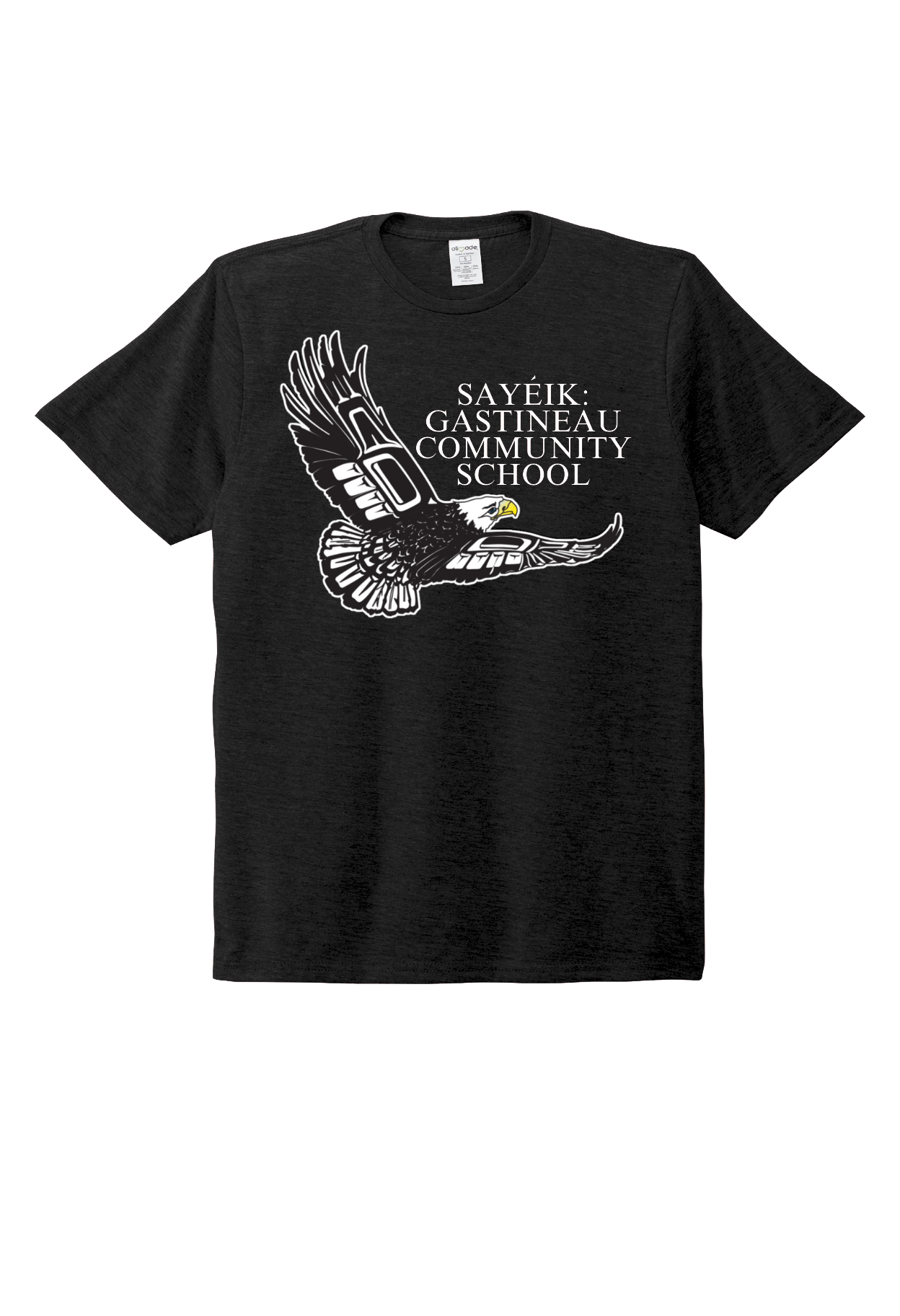A black youth short sleeve t shirt with a full chest print 'Sayeik Gastineau Community School'