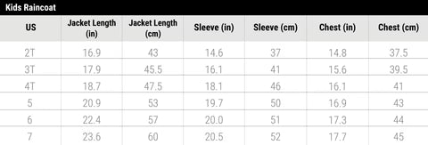 Table showing measurements of kids raincoat sizes in inches and centimeters