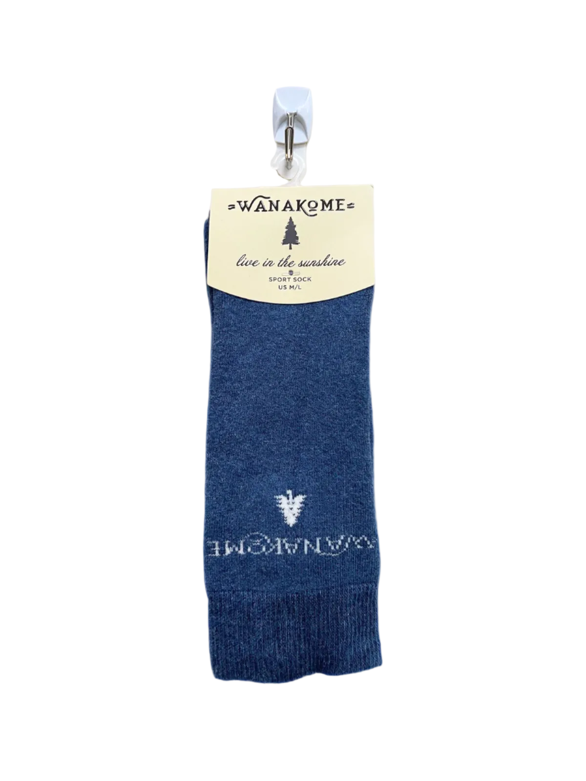 Pair of socks in navy blue with beige wanakome brand tag