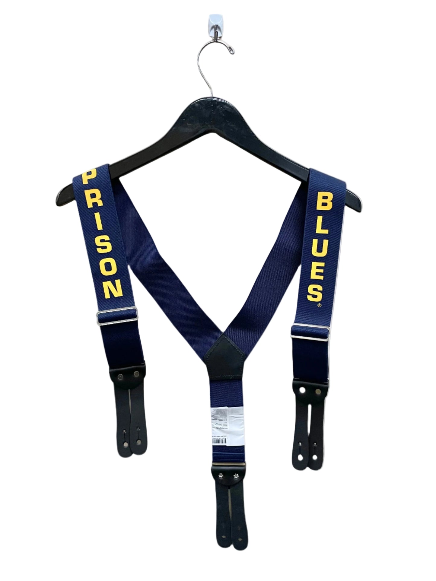 A pair of Y back navy blue work suspenders with the text 'PRISON BLUES' printed