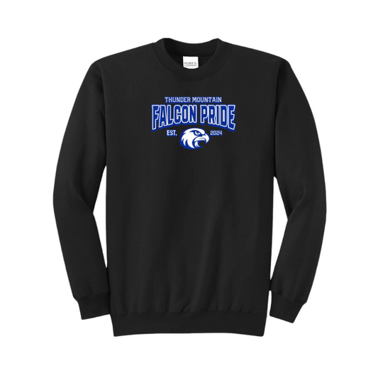 Black adult crew neck sweater with blue 'FALCON PRIDE' text above a falcon chest print
