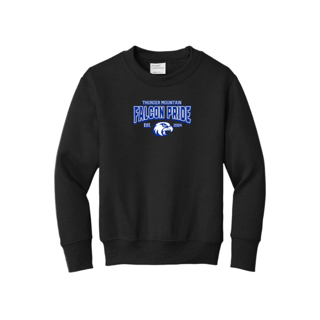 Black youth crew neck sweater with blue 'FALCON PRIDE' text above a falcon chest print