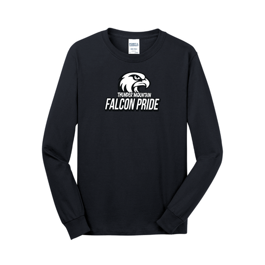 A black adult long sleeve t-shirt with black and white 'FALCON PRIDE' text and a falcon above the text printed on the chest.