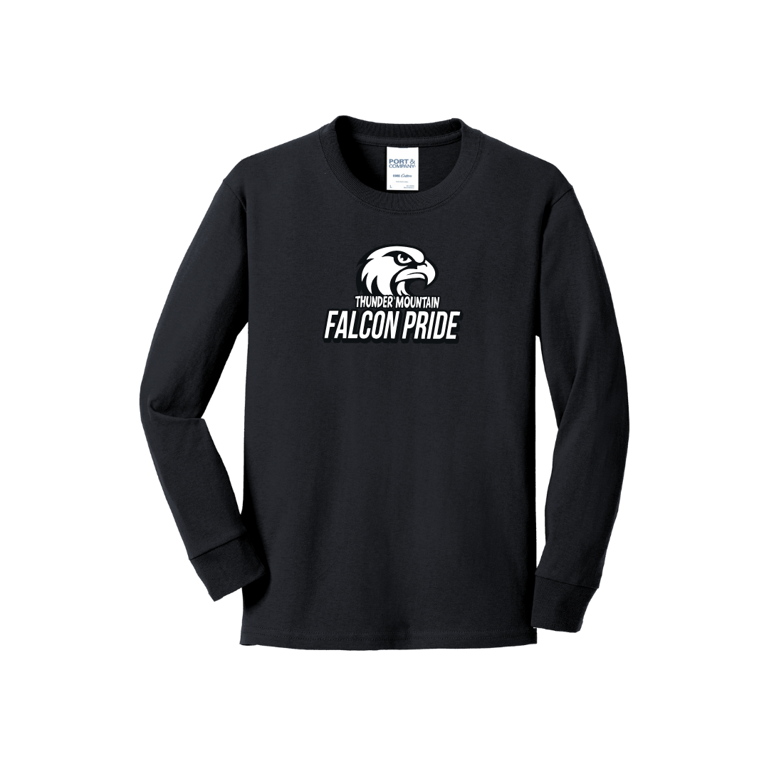 A black youth long sleeve t-shirt with black and white 'FALCON PRIDE' text and a falcon above the text printed on the chest.