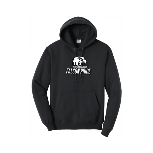 Black adult pullover hoodie with 'Falcon Pride' text and a falcon logo above the pouch pocket.