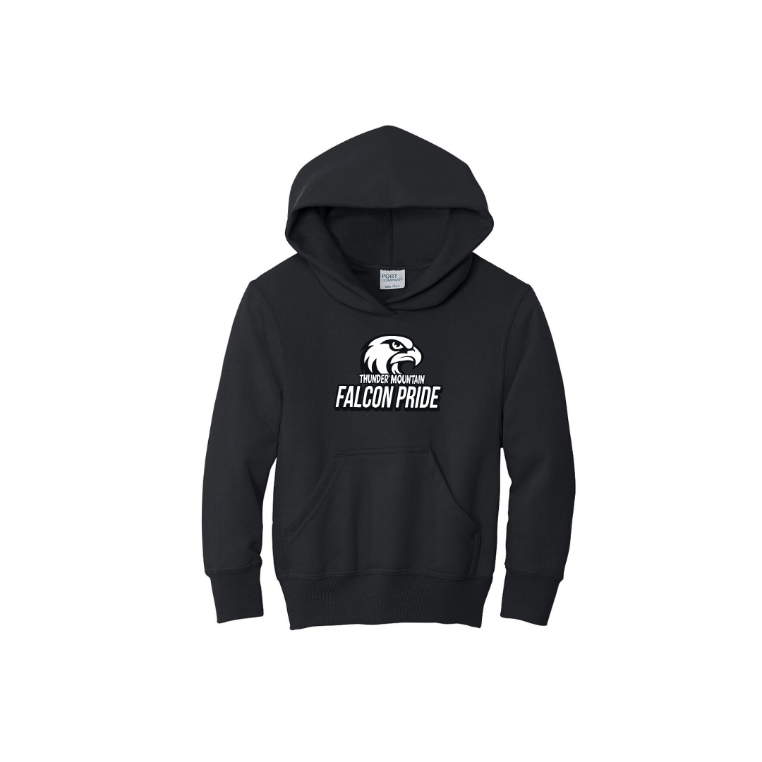 Black youth pullover hoodie with 'Falcon Pride' text and a falcon logo above the pouch pocket.