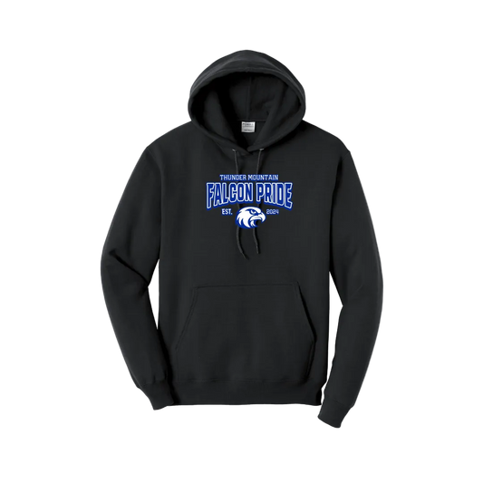 Black adult pullover hoodie with 'Falcon Pride' text and a falcon logo above the pouch pocket.