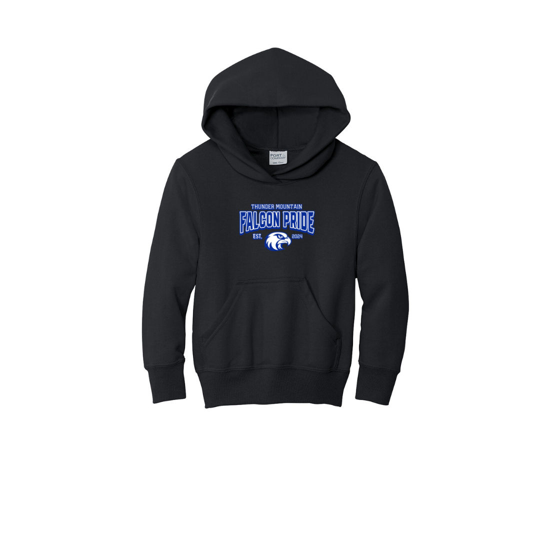 Black youth pullover hoodie with 'Falcon Pride' text and a falcon logo above the pouch pocket.