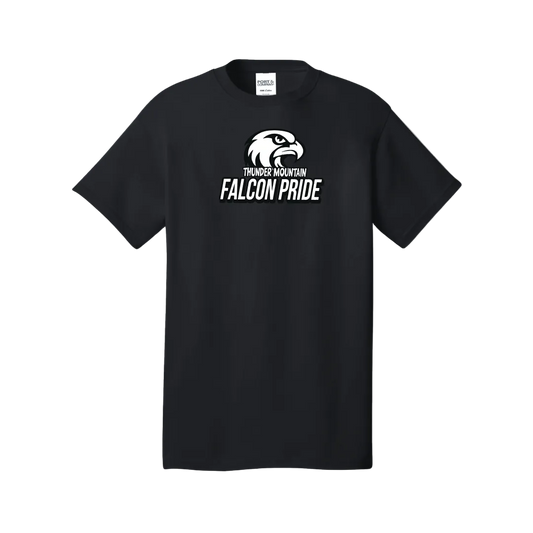 Black adult short sleeve t shirt with black 'FALCON PRIDE' text above a falcon chest print