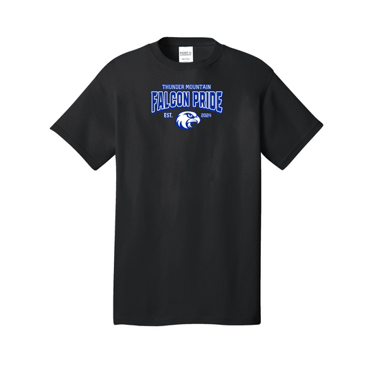 Black adult short sleeve t shirt with blue 'FALCON PRIDE' text above a falcon chest print