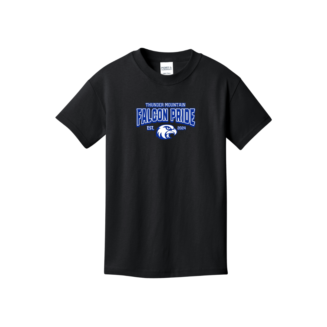 Black youth short sleeve t shirt with blue 'FALCON PRIDE' text above a falcon chest print