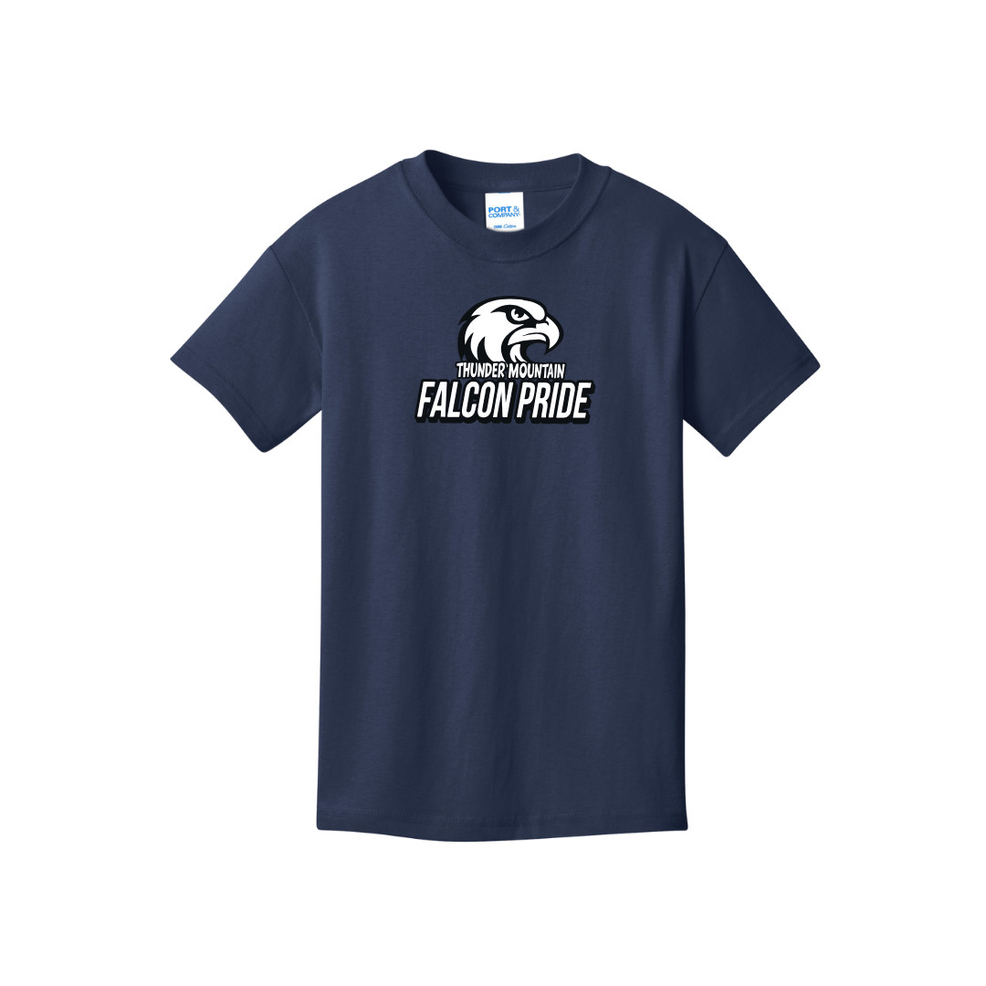 Navy blue youth short sleeve t shirt with black 'FALCON PRIDE' text above a falcon chest print