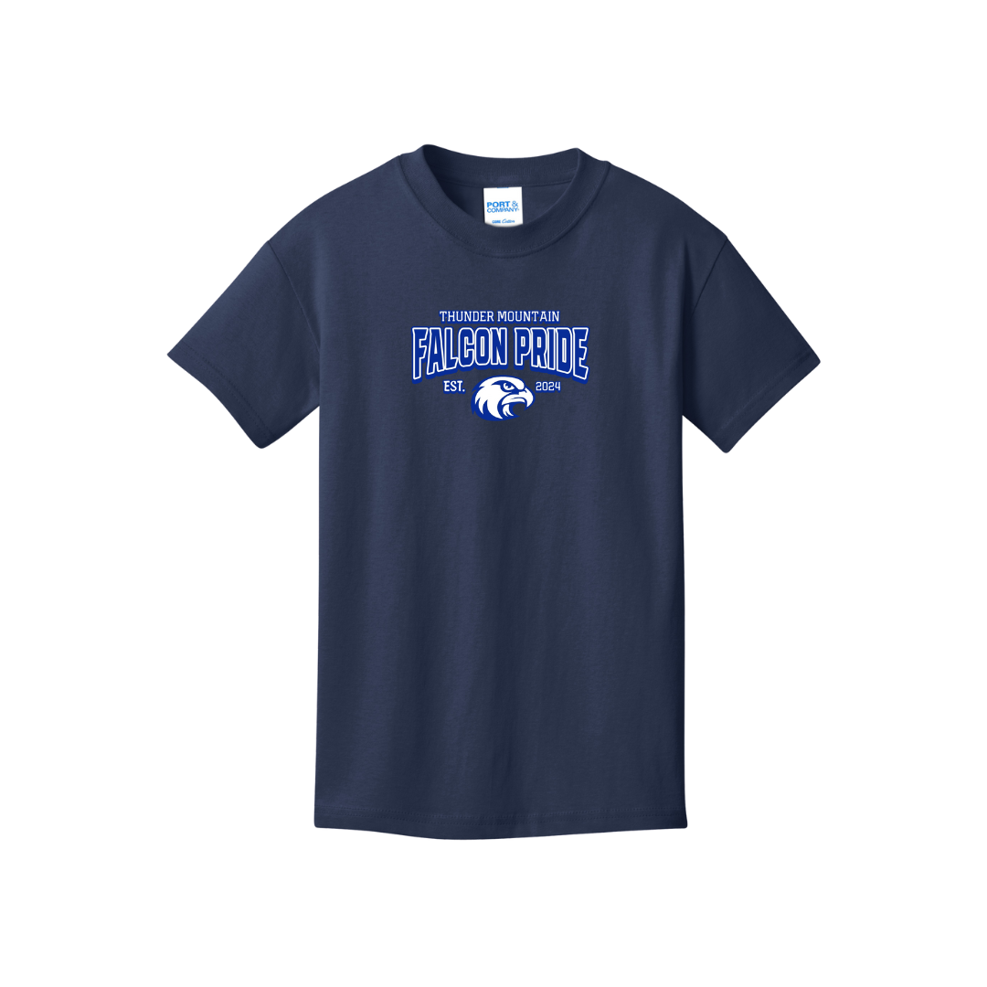 Navy blue youth short sleeve t shirt with blue 'FALCON PRIDE' text above a falcon chest print