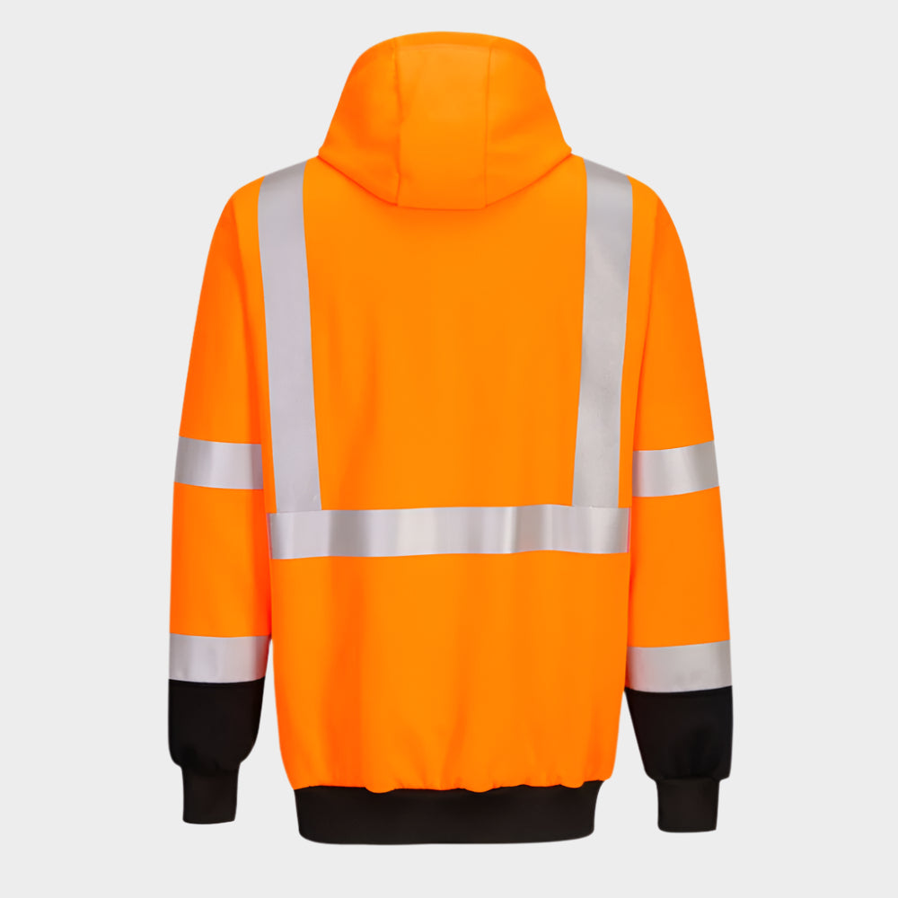 A orange pullover hoodie with a black bottom half and reflective stripes back view