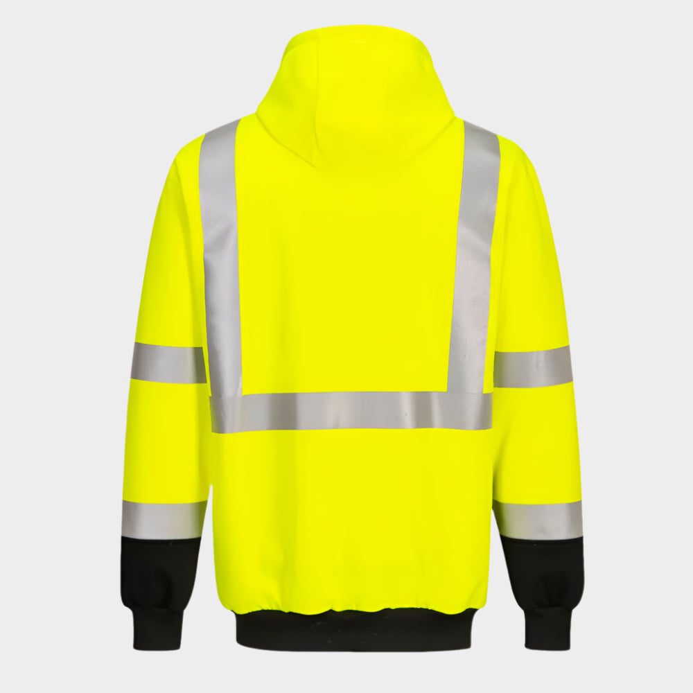 A yellow pullover hoodie with a black bottom half and reflective stripes back view