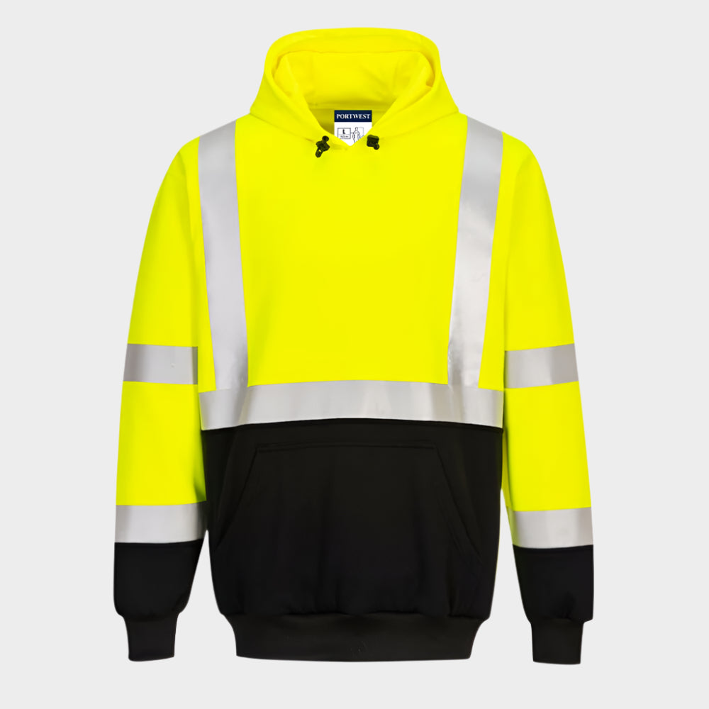 A yellow pullover hoodie with a black bottom half and reflective stripes