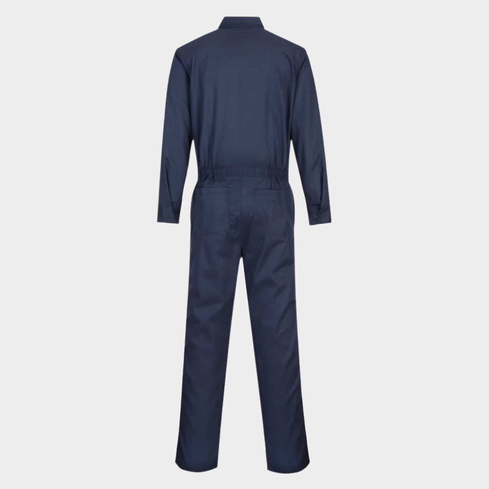 Navy coverall with two back pockets and a collar, back view.