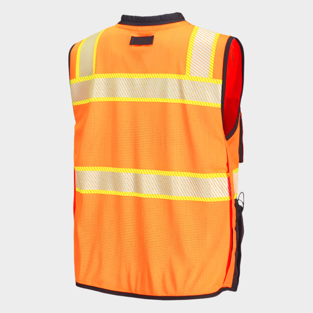 Back of orange vest with reflective stripes and black seams.