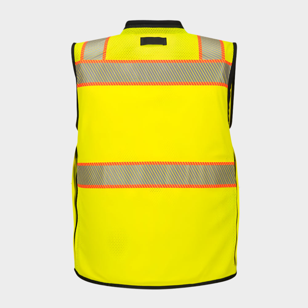 Back of orange vest with reflective stripes and black seams.