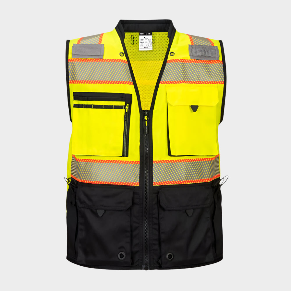 Front of yellow vest with reflective stripes and black seams.