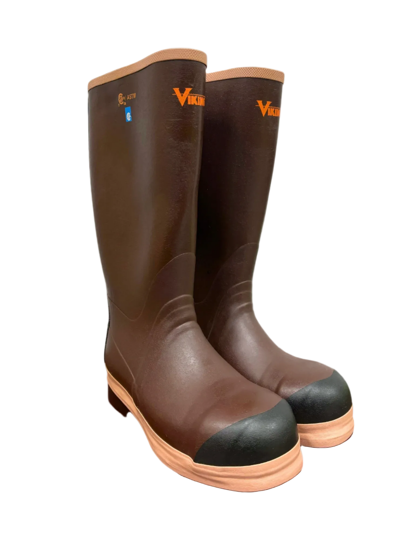 Tall rain boot hits below the knee. Main color is brown with tan trim on soles and top hem...