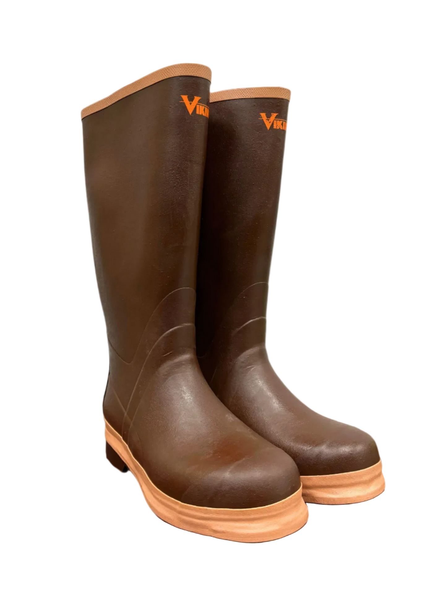 Brown mens rubber rain boots and tan seam on top and sole. Small bright orange Viking logo an inch below top edge...