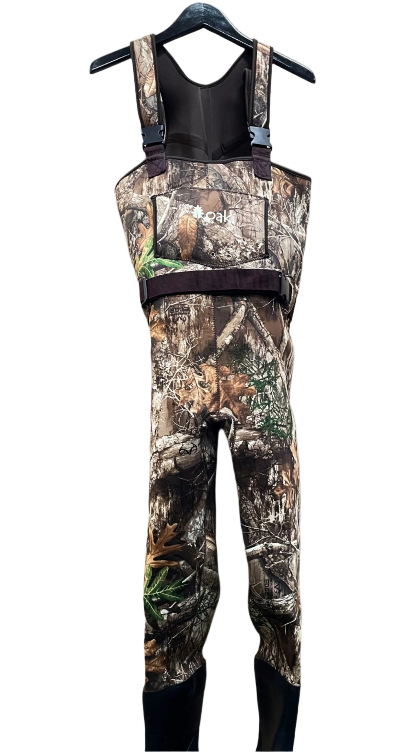 Kids neoprene waders in camouflage pattern with adjustable chest strap and built-in boots.