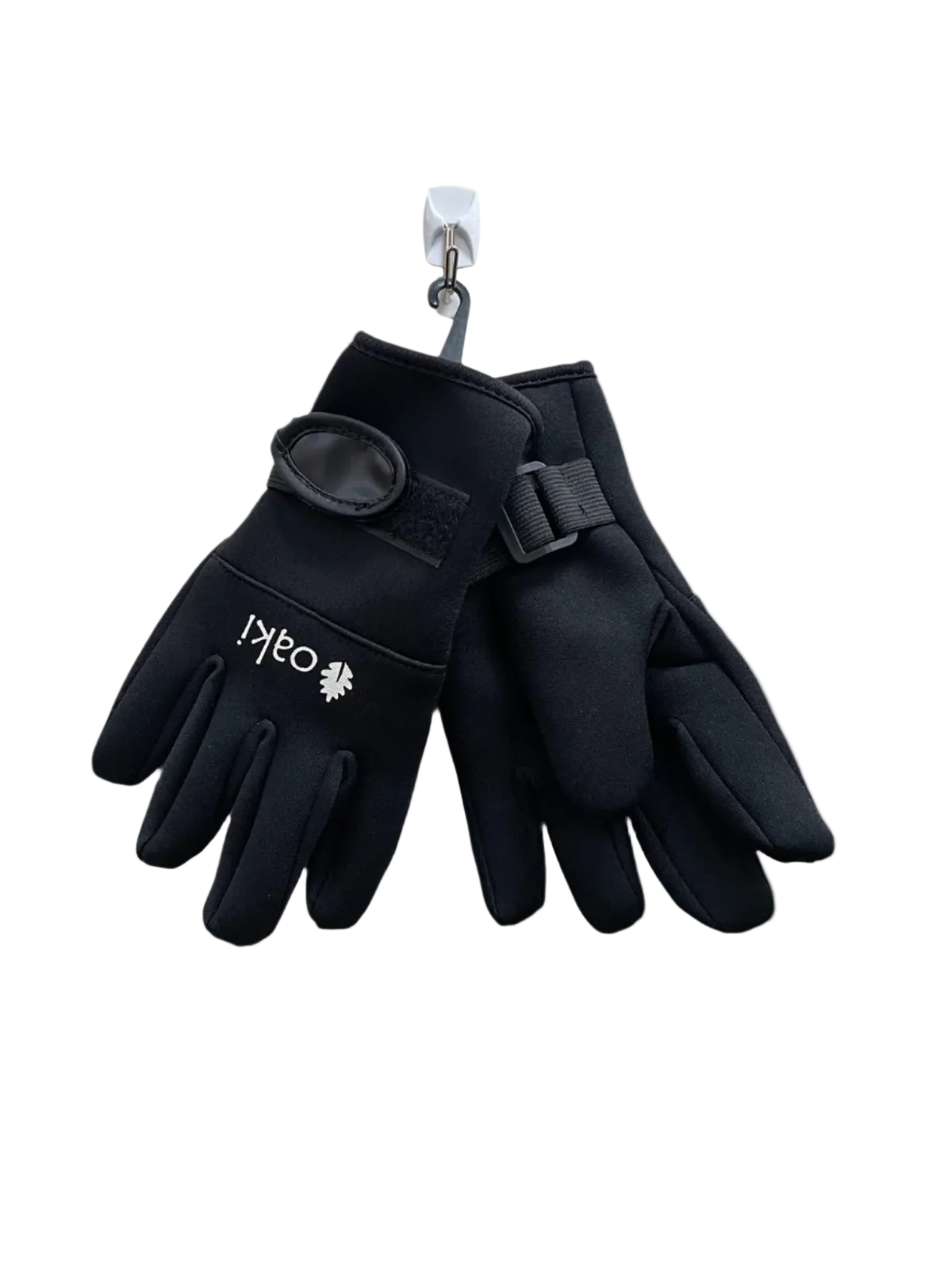 A pair of black neoprene gloves for kids with an elastic wrist strap and Velcro closure
